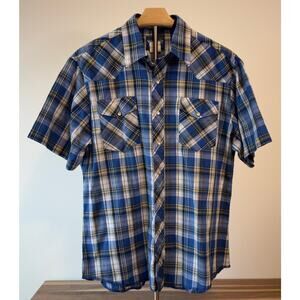 Wrangler Western Shirt Blue Plaid Pearl Snaps Short Sleeve Large